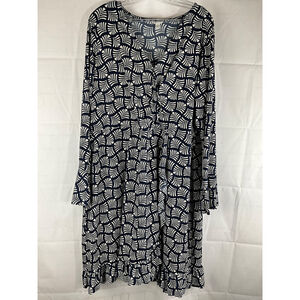 Cato Women's Printed V-Neck Long Sleeve Maxi Dress Navy/White Size 18/20 Used